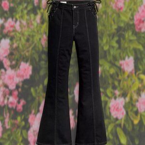 Black Levi's 501 flare jeans with lace-up detail